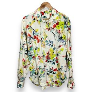 Barena‎ Floral Shirt White Half Button-Up Long Sleeves Size 52 XL Men Cotton Top